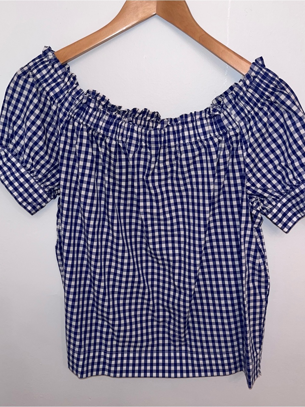 J. Crew Blue and White Gingham Off-Shoulder Top